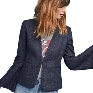Anthropologie Cartonnier Wool Blend Blazer Sz 2 Navy Pinstripe Bell Sleeve